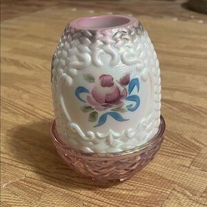 Fenton Basketweave Fairy votive light- Embossed Vase with Pink Base